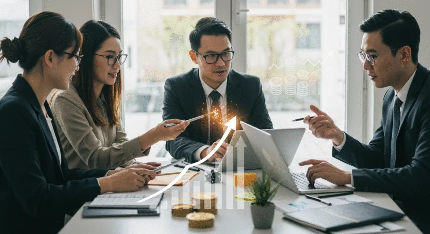 Entrepreneurs collaborating in a modern office with laptops, charts, and digital visuals representing cash flow, monetisation, and business growth.