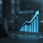 Professional digital illustration of business growth with an upward-trending graph and modern SEO elements, symbolizing strategy and success.