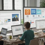 Digital marketers and designers collaborating in a co-working space, using laptops and screens to convert images across different formats like JPG, PNG, and GIF.