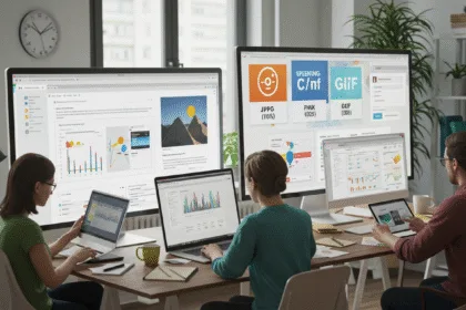 Digital marketers and designers collaborating in a co-working space, using laptops and screens to convert images across different formats like JPG, PNG, and GIF.
