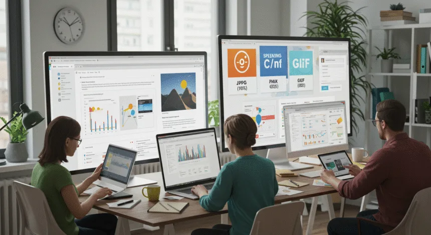 Digital marketers and designers collaborating in a co-working space, using laptops and screens to convert images across different formats like JPG, PNG, and GIF.
