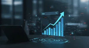 Professional digital illustration of business growth with an upward-trending graph and modern SEO elements, symbolizing strategy and success.