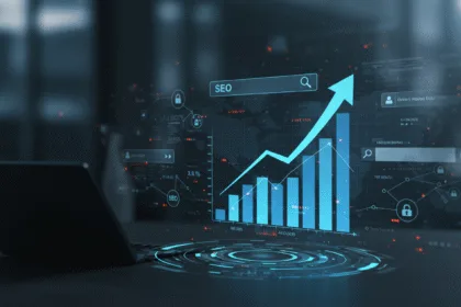 Professional digital illustration of business growth with an upward-trending graph and modern SEO elements, symbolizing strategy and success.