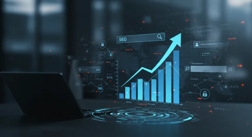 Professional digital illustration of business growth with an upward-trending graph and modern SEO elements, symbolizing strategy and success.