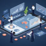 Entrepreneurs collaborating around a smartphone screen displaying charts and profit analytics, symbolizing app strategies for business growth.