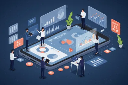 Entrepreneurs collaborating around a smartphone screen displaying charts and profit analytics, symbolizing app strategies for business growth.