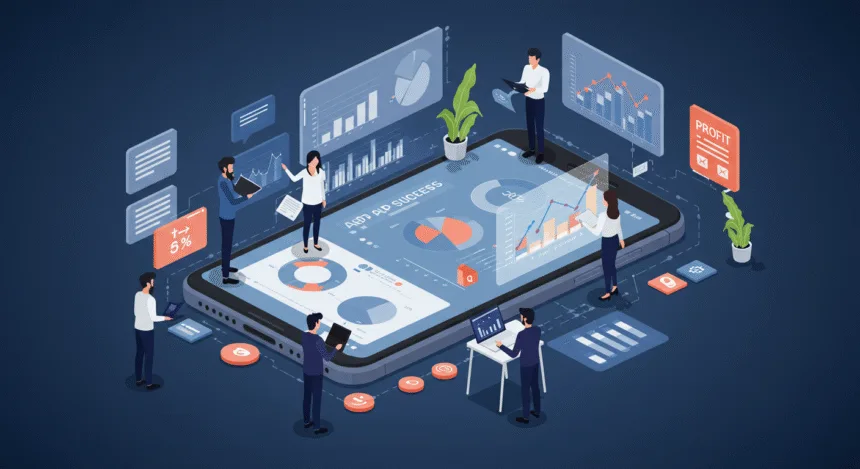 Entrepreneurs collaborating around a smartphone screen displaying charts and profit analytics, symbolizing app strategies for business growth.