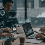 Entrepreneurs collaborating in a modern workspace with digital charts and network visuals symbolizing smart digital marketing and business growth