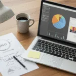 “Creative graphic design workspace with logo sketch, color palette, and laptop visuals representing brand growth strategies.”