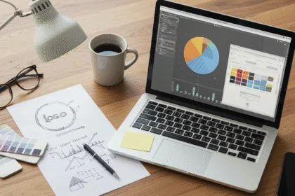 “Creative graphic design workspace with logo sketch, color palette, and laptop visuals representing brand growth strategies.”