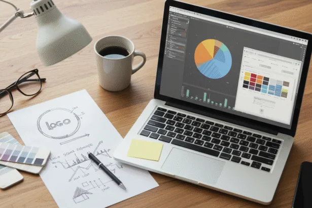 “Creative graphic design workspace with logo sketch, color palette, and laptop visuals representing brand growth strategies.”