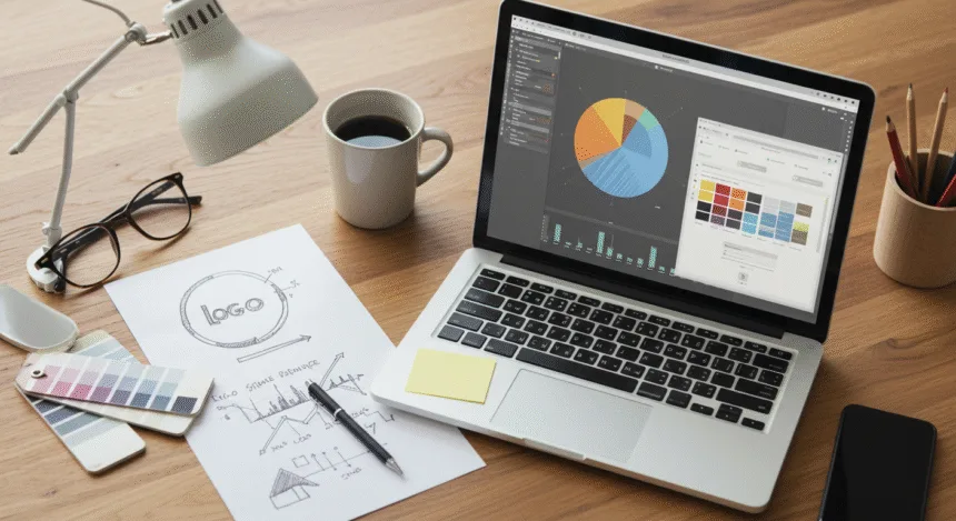 “Creative graphic design workspace with logo sketch, color palette, and laptop visuals representing brand growth strategies.”