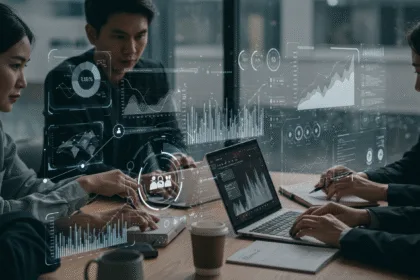 Entrepreneurs collaborating in a modern workspace with digital charts and network visuals symbolizing smart digital marketing and business growth