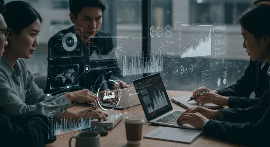 Entrepreneurs collaborating in a modern workspace with digital charts and network visuals symbolizing smart digital marketing and business growth