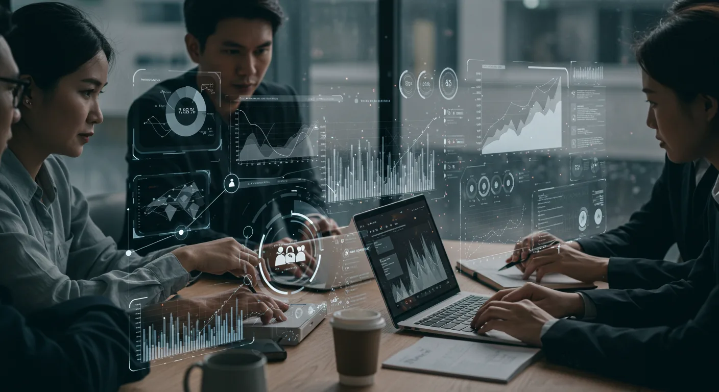Entrepreneurs collaborating in a modern workspace with digital charts and network visuals symbolizing smart digital marketing and business growth