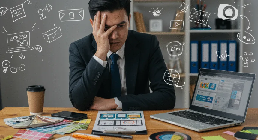 “Business owner reviewing messy and inconsistent design elements representing branding mistakes.
