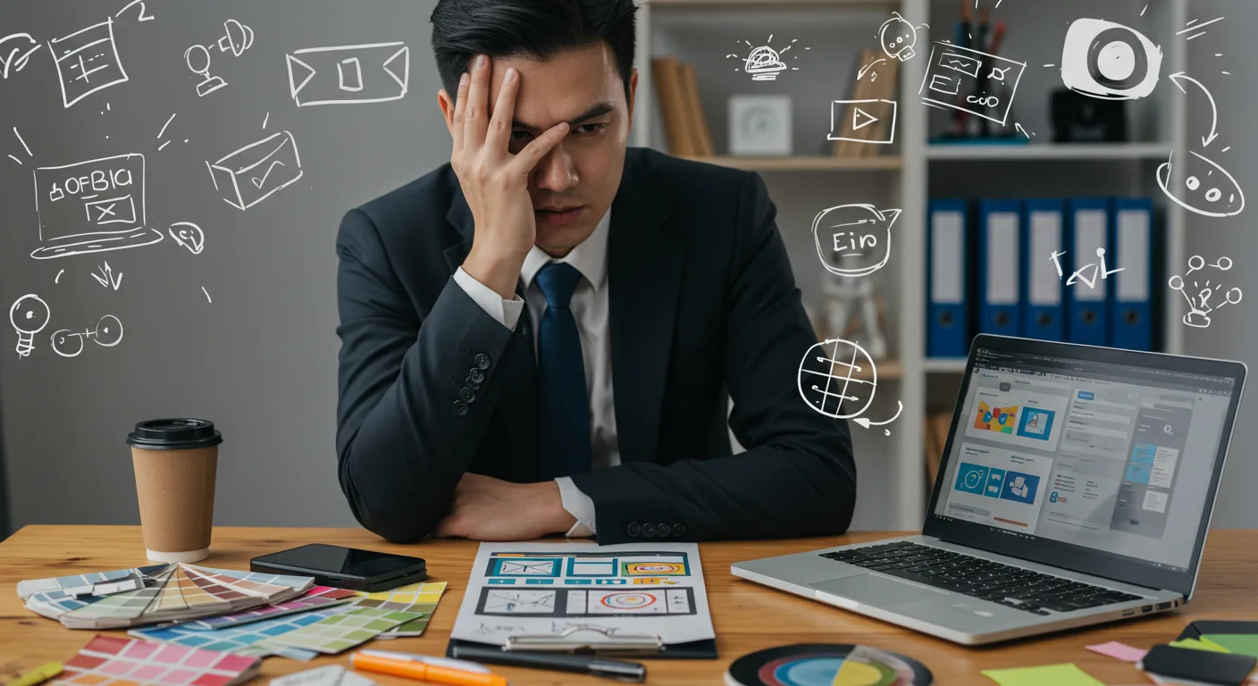 “Business owner reviewing messy and inconsistent design elements representing branding mistakes.