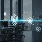 Cyber security tips for business growth shown with shield icons, secure locks, and entrepreneurs working on laptops to protect data and ensure online safety.