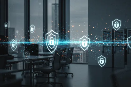 Cyber security tips for business growth shown with shield icons, secure locks, and entrepreneurs working on laptops to protect data and ensure online safety.