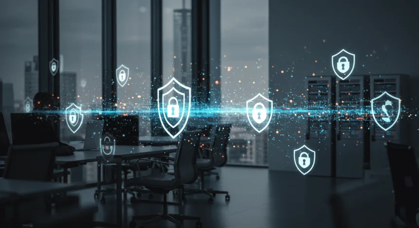 Cyber security tips for business growth shown with shield icons, secure locks, and entrepreneurs working on laptops to protect data and ensure online safety.