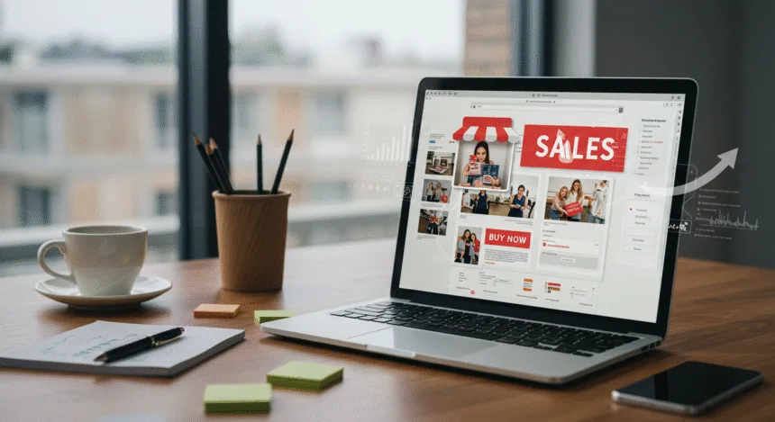 Laptop showing product visuals and call-to-action designs that demonstrate powerful sales-driven graphic design hacks