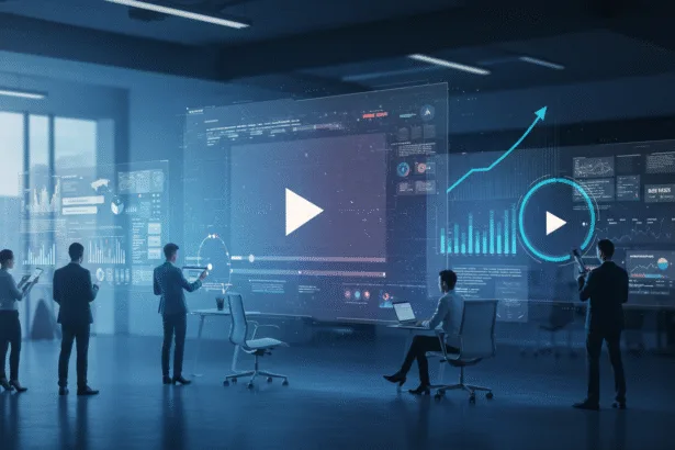 Business team analyzing video ads on digital screens with growth charts, symbolizing how video ads boost business growth.