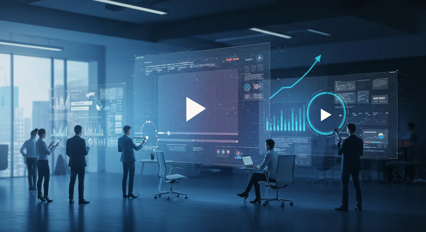 Business team analyzing video ads on digital screens with growth charts, symbolizing how video ads boost business growth.
