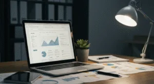 Modern workspace with a laptop displaying clean website design, symbolizing smart website design tips to win more clients.