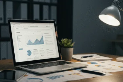 Modern workspace with a laptop displaying clean website design, symbolizing smart website design tips to win more clients.