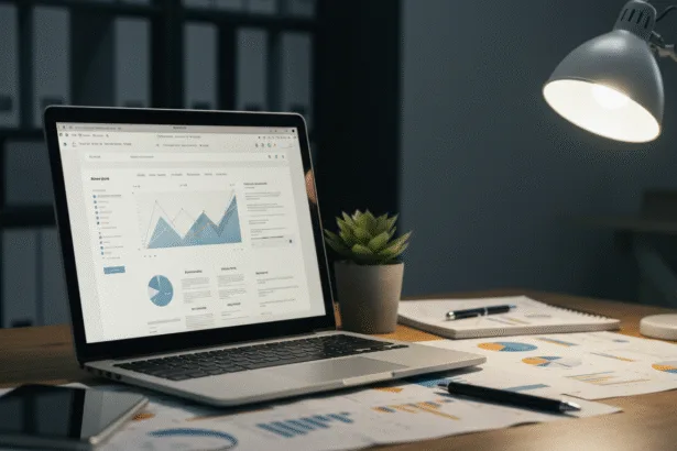 Modern workspace with a laptop displaying clean website design, symbolizing smart website design tips to win more clients.