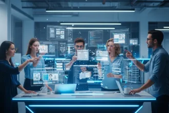 Developers using futuristic holographic interfaces to design innovative websites in 2025.