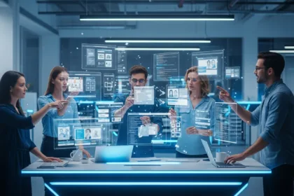 Developers using futuristic holographic interfaces to design innovative websites in 2025.