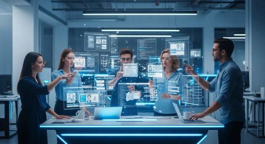 Developers using futuristic holographic interfaces to design innovative websites in 2025.
