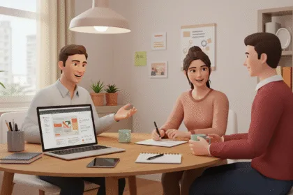 Small business owner and web developer collaborating in a modern office, reviewing a professional website design on a laptop in 2025.