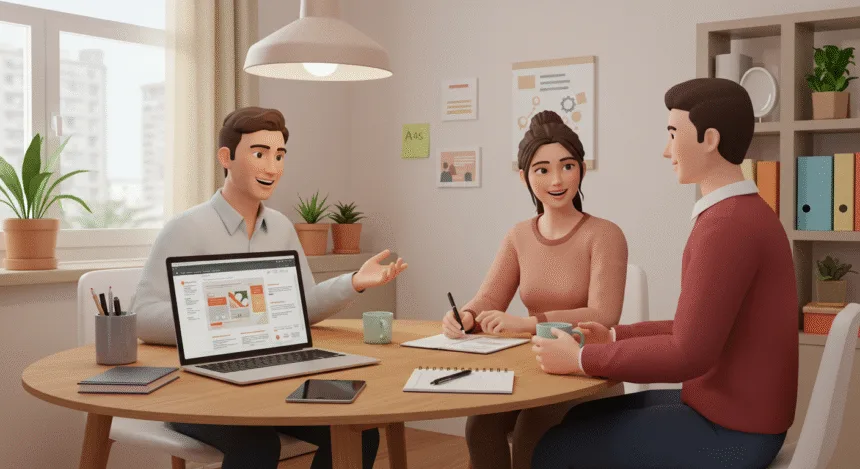 Small business owner and web developer collaborating in a modern office, reviewing a professional website design on a laptop in 2025.