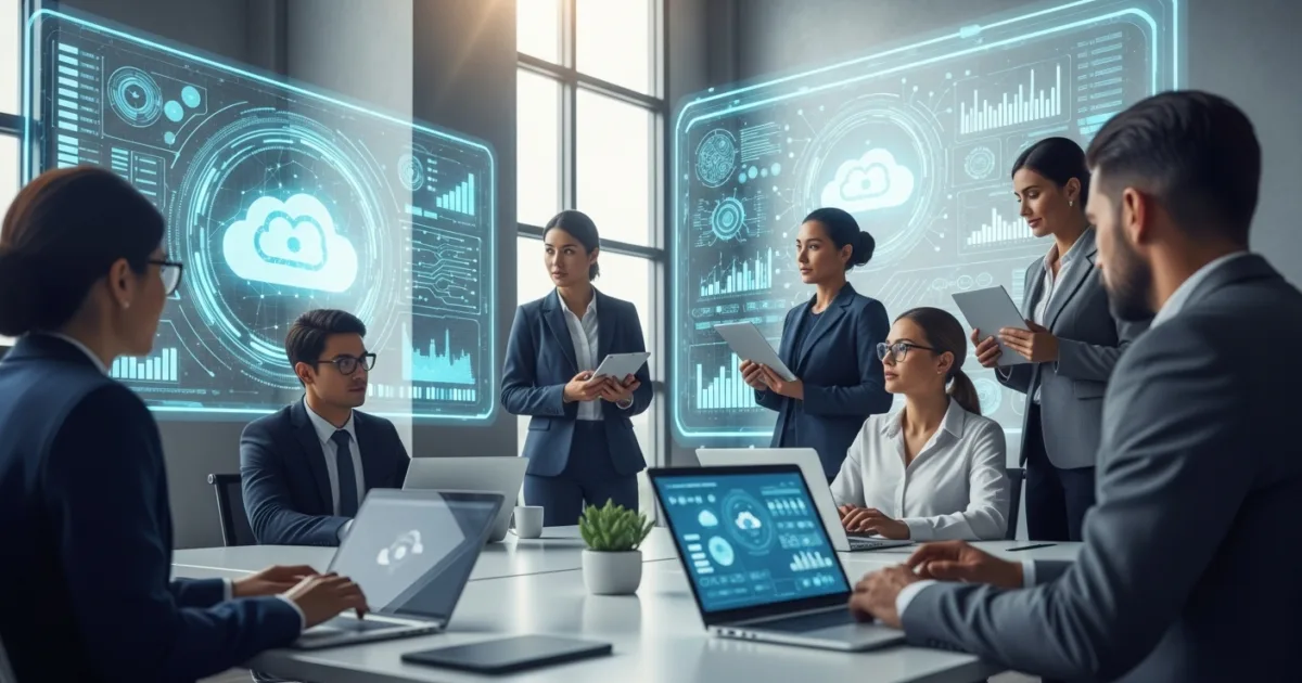 A diverse group of IT experts and business leaders collaborating in a modern office with cloud and data visuals on screens, symbolizing reliable IT services and innovation in 2025.