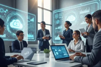 A diverse group of IT experts and business leaders collaborating in a modern office with cloud and data visuals on screens, symbolizing reliable IT services and innovation in 2025.
