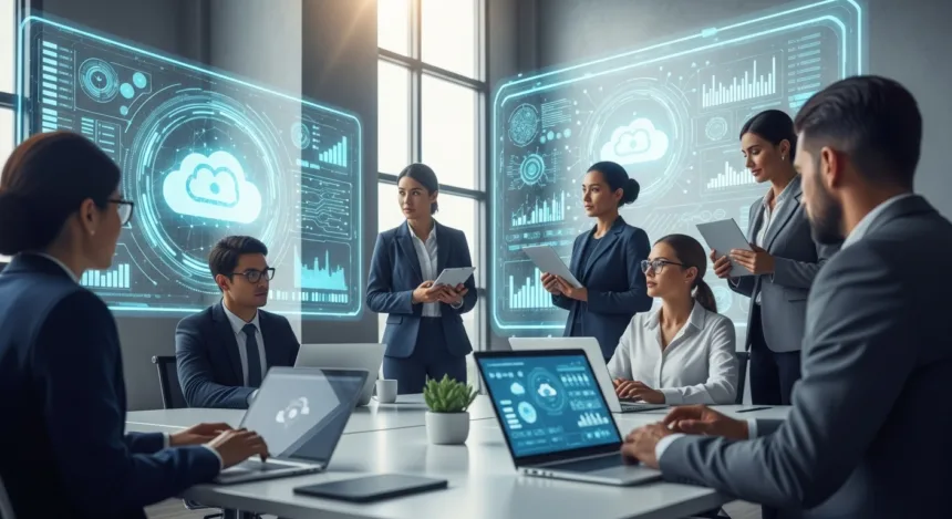 A diverse group of IT experts and business leaders collaborating in a modern office with cloud and data visuals on screens, symbolizing reliable IT services and innovation in 2025.