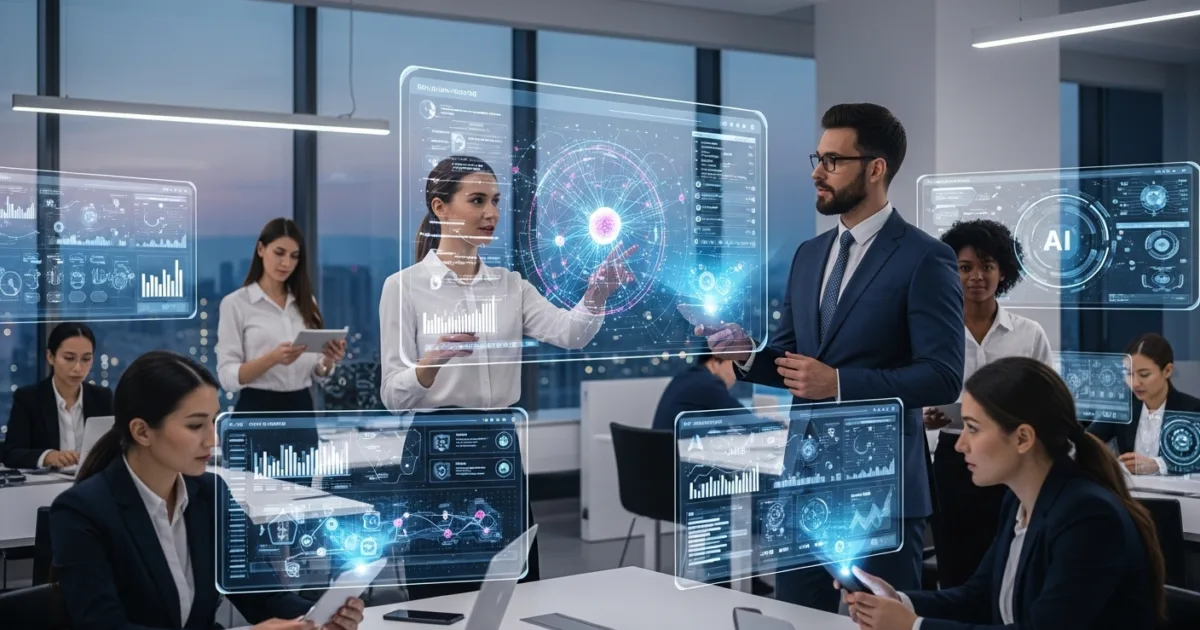 Business professionals collaborating with AI technology and data analytics in a modern office to boost company growth.