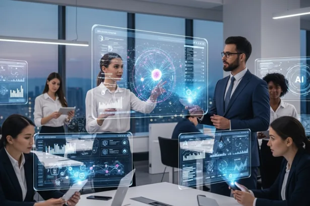 Business professionals collaborating with AI technology and data analytics in a modern office to boost company growth.