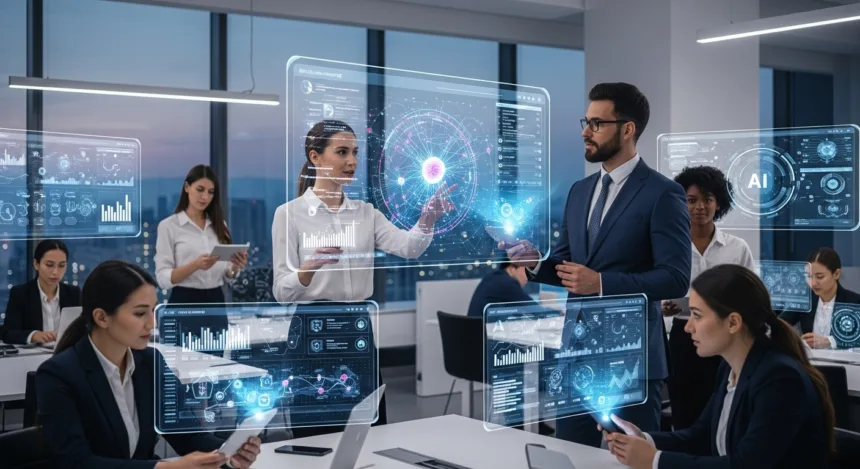 Business professionals collaborating with AI technology and data analytics in a modern office to boost company growth.
