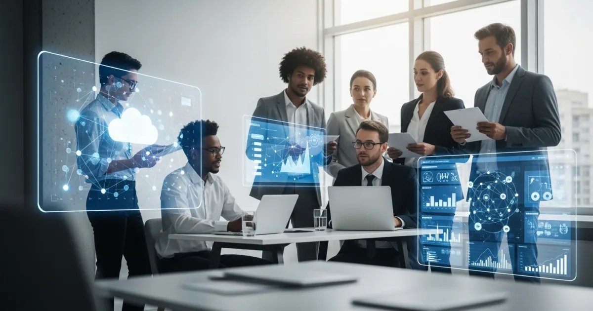 A diverse team of IT professionals and business leaders collaborating in a bright, futuristic office with digital screens displaying data and cloud networks, representing innovation and reliable IT service providers in 2025.