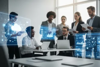 A diverse team of IT professionals and business leaders collaborating in a bright, futuristic office with digital screens displaying data and cloud networks, representing innovation and reliable IT service providers in 2025.