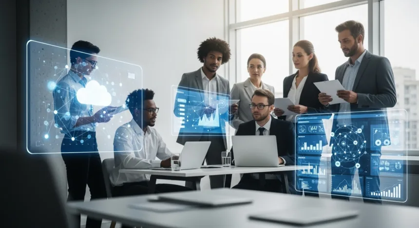 A diverse team of IT professionals and business leaders collaborating in a bright, futuristic office with digital screens displaying data and cloud networks, representing innovation and reliable IT service providers in 2025.