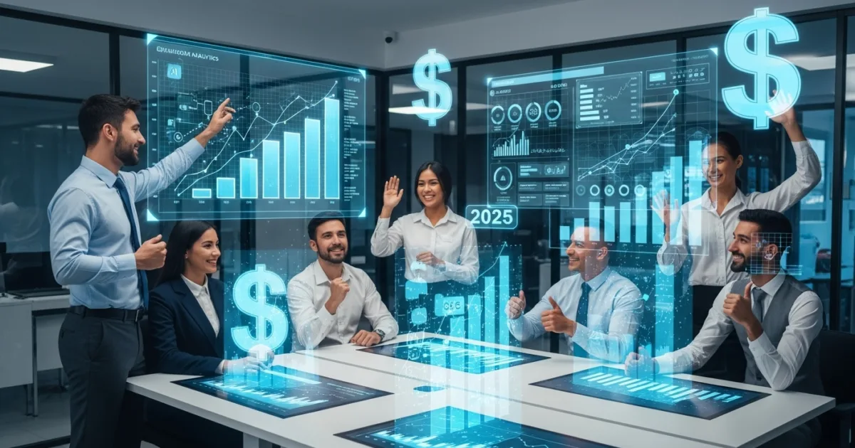 Business team celebrating profit growth through modern monetization strategies in 2025