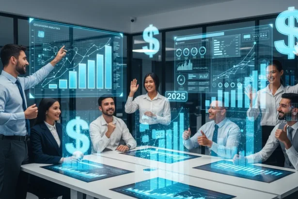 Business team celebrating profit growth through modern monetization strategies in 2025
