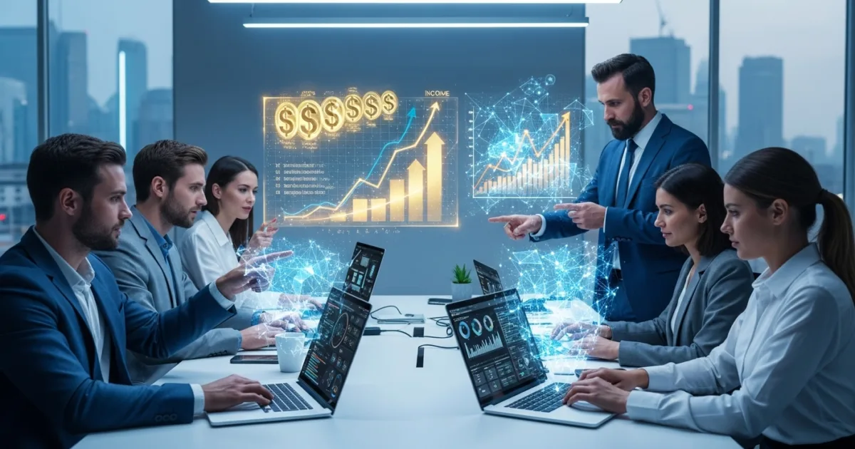 Business professionals using AI and data tools to boost income through monetization strategies in a modern digital workspace.w