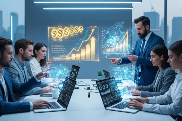 Business professionals using AI and data tools to boost income through monetization strategies in a modern digital workspace.w