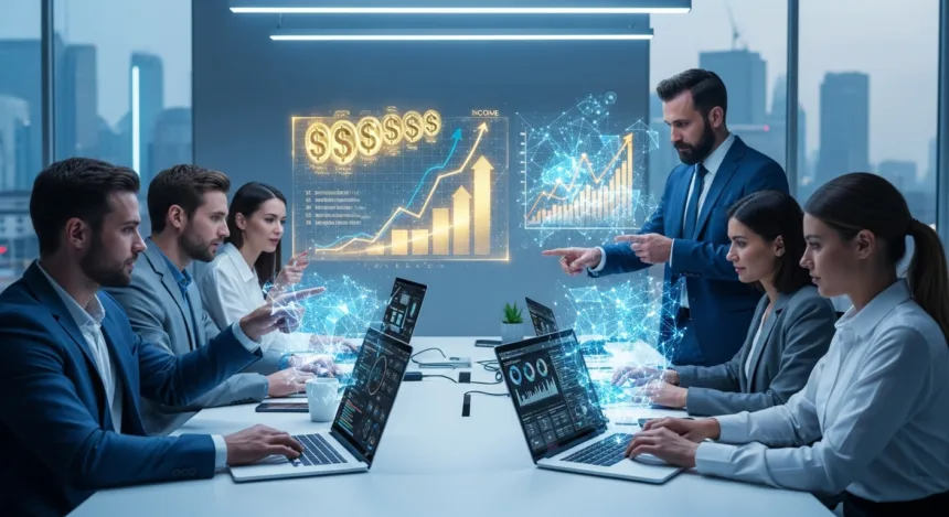 Business professionals using AI and data tools to boost income through monetization strategies in a modern digital workspace.w