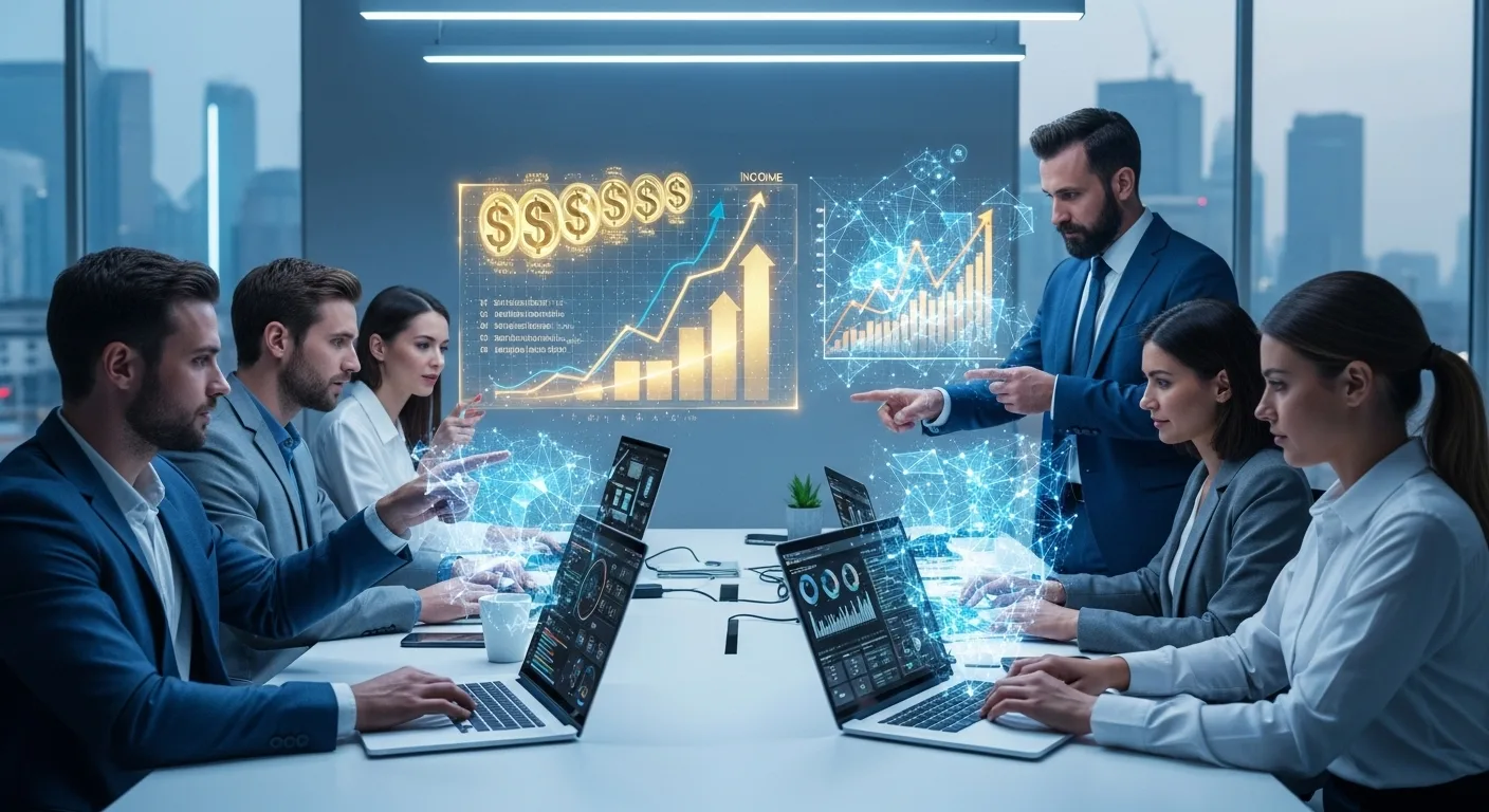 Business professionals using AI and data tools to boost income through monetization strategies in a modern digital workspace.w